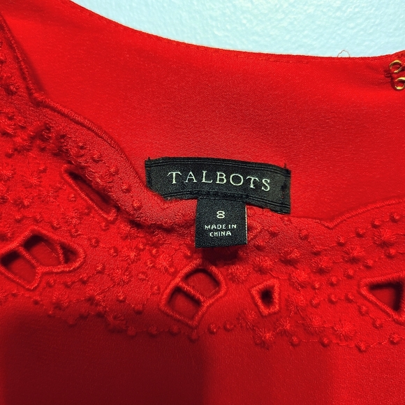 Talbots Bright Red-Orange Lacy Cutout Neckline Sheath w/ Bishop Sleeves Size 8 - Picture 6 of 7